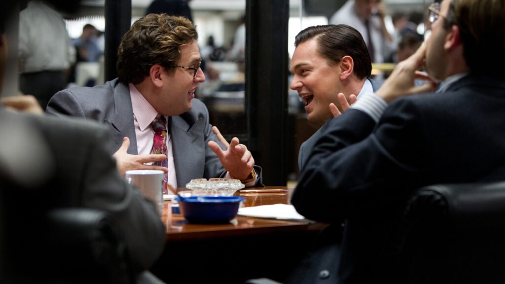 Jonah Hill and Leonardo DiCaprio as Donnie Azoff and Jordan Belfort in a scene from 'The Wolf of Wall Street'.