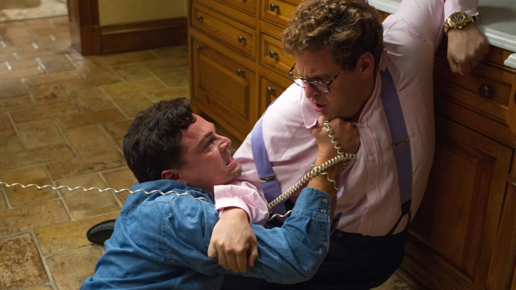 Jonah Hill and Leonardo DiCaprio as Donnie Azoff and Jordan Belfort in a scene from 'The Wolf of Wall Street'.