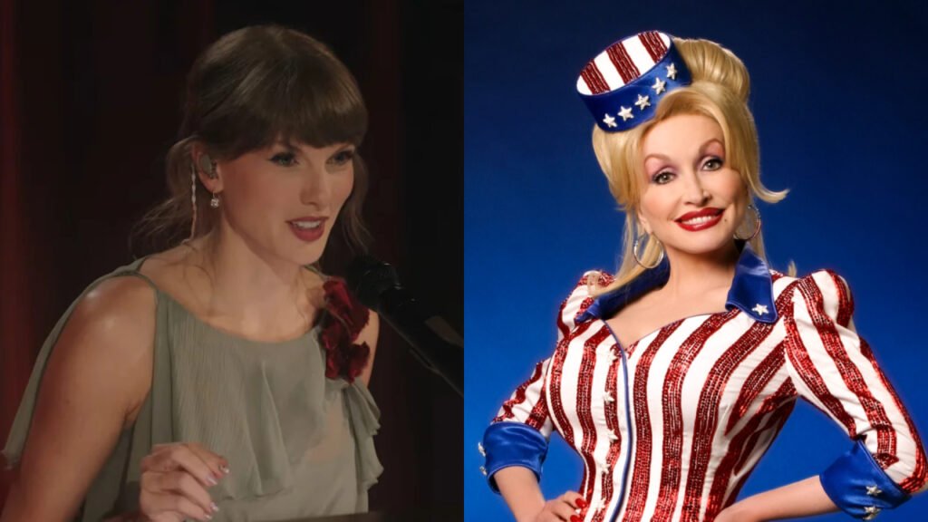 Taylor Swift speaking at a public event alongside of Dolly Parton on Instagram