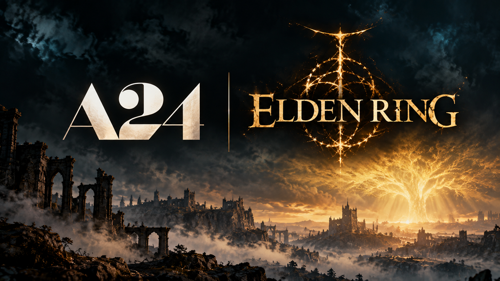 The white A24 studio logo appears beside the golden Elden Ring title and glowing circular insignia above a mist-covered fantasy kingdom, ruined castles, and a radiant golden tree.