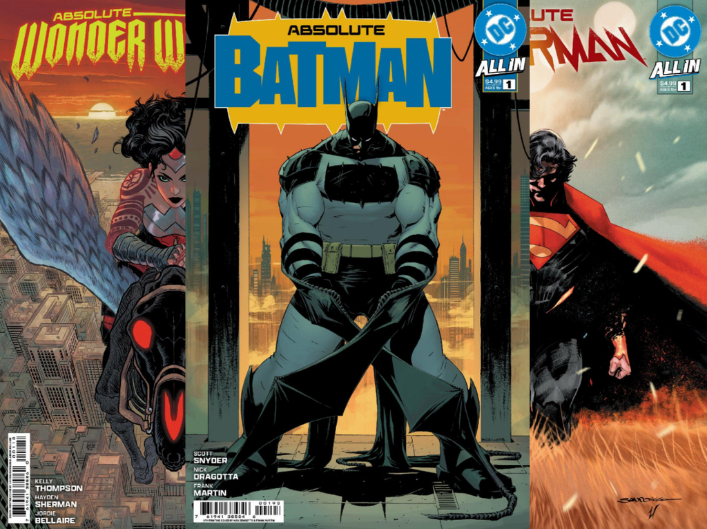 A three-cover montage using the original Absolute Batman, Absolute Wonder Woman, and Absolute Superman #1 covers. These should be genuine publisher artwork, not AI reproductions.