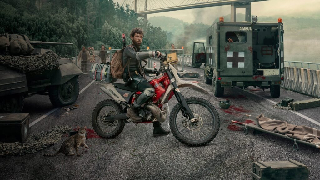 Francisco Ortiz as Manel seated on a red dirt bike alongside his cat amidst an abandoned military blockade in Amazon Prime Video's Apocalypse Z: The Beginning of the End.