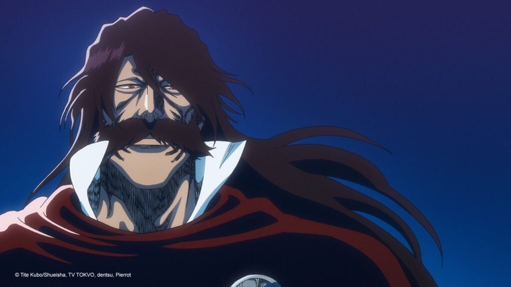 A menacing close-up of Yhwach, the formidable Emperor of the Wandenreich, flashing an ominous grin in Bleach: Thousand-Year Blood War.