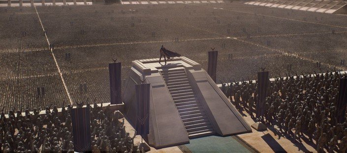 Timothee Chalamet as Paul Atreides addresses his fanatical legions as Emperor in Dune: Part Three