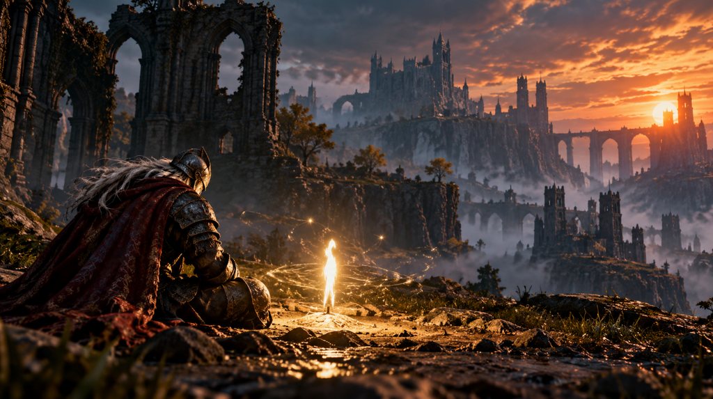 A cloaked armored warrior kneels beside a glowing flame overlooking ancient gothic ruins, broken bridges, and distant castles at sunset.