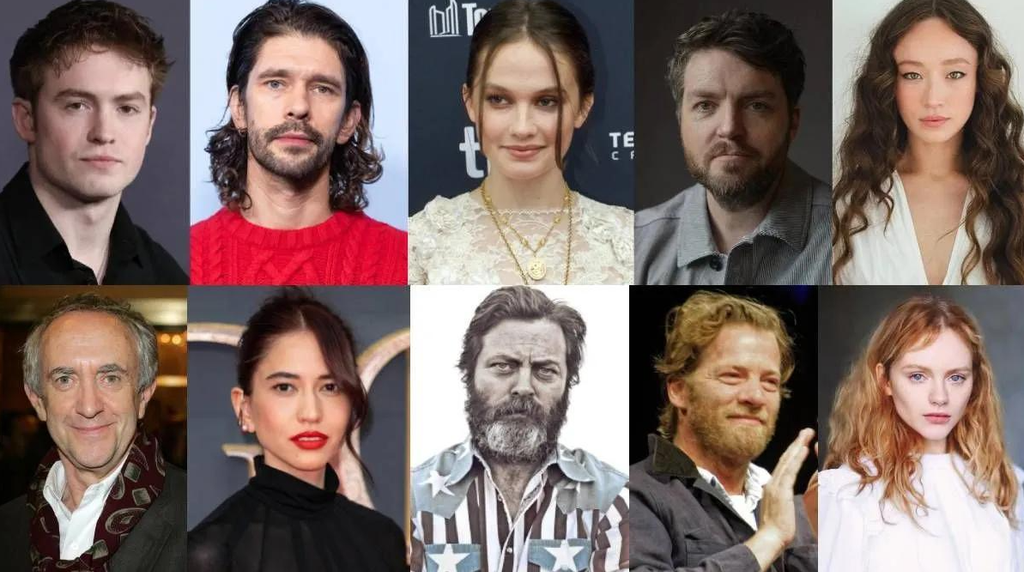 Side-by-side publicity portraits of actors Kit Connor, Cailee Spaeny, and Nick Offerman, three members of the announced cast of A24's upcoming Elden Ring film.