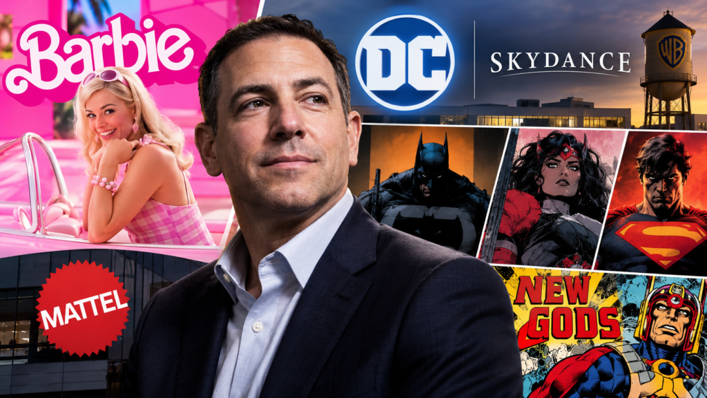 Editorial illustration of Josh Silverman surrounded by Barbie and Mattel imagery, DC Comics branding, and superhero artwork representing his career and new publishing responsibilities.