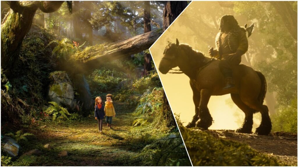 Prue and Curtis walking through the Impassable Wilderness alongside Brendan the Bandit King riding his horse in LAIKA’s Wildwood.