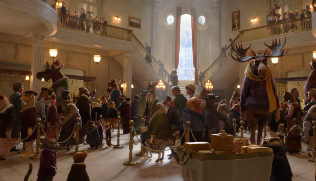 Anthropomorphic woodland citizens gather in a bustling grand lobby in LAIKA's Wildwood (2026).