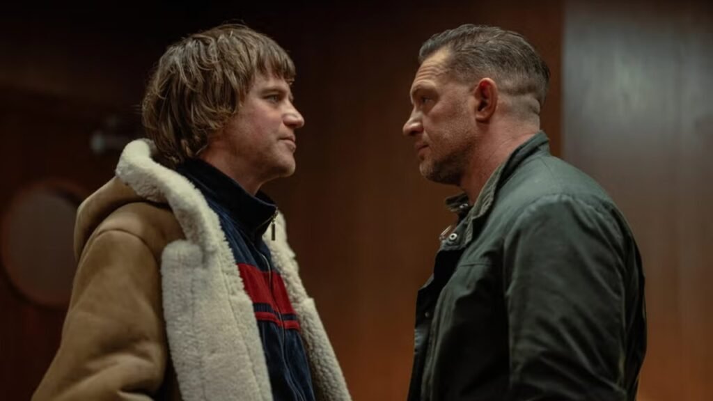 Johnny Flynn as Frankie Cooper and Tom Hardy as Harry in MobLand