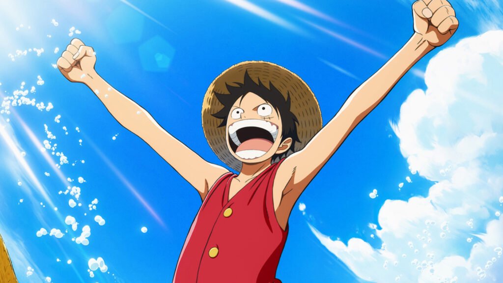 Monkey D. Luffy smiling joyfully with arms raised into the air against a bright blue sky in One Piece.   