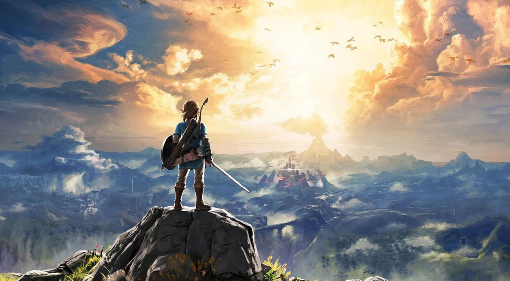 Link overlooks a sprawling fantasy landscape of mountains, forests, and ancient ruins in official The Legend of Zelda artwork.