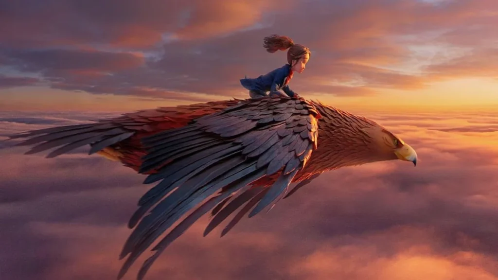 Prue McKeel rides a giant eagle above the cloud line in LAIKA's Wildwood (2026).