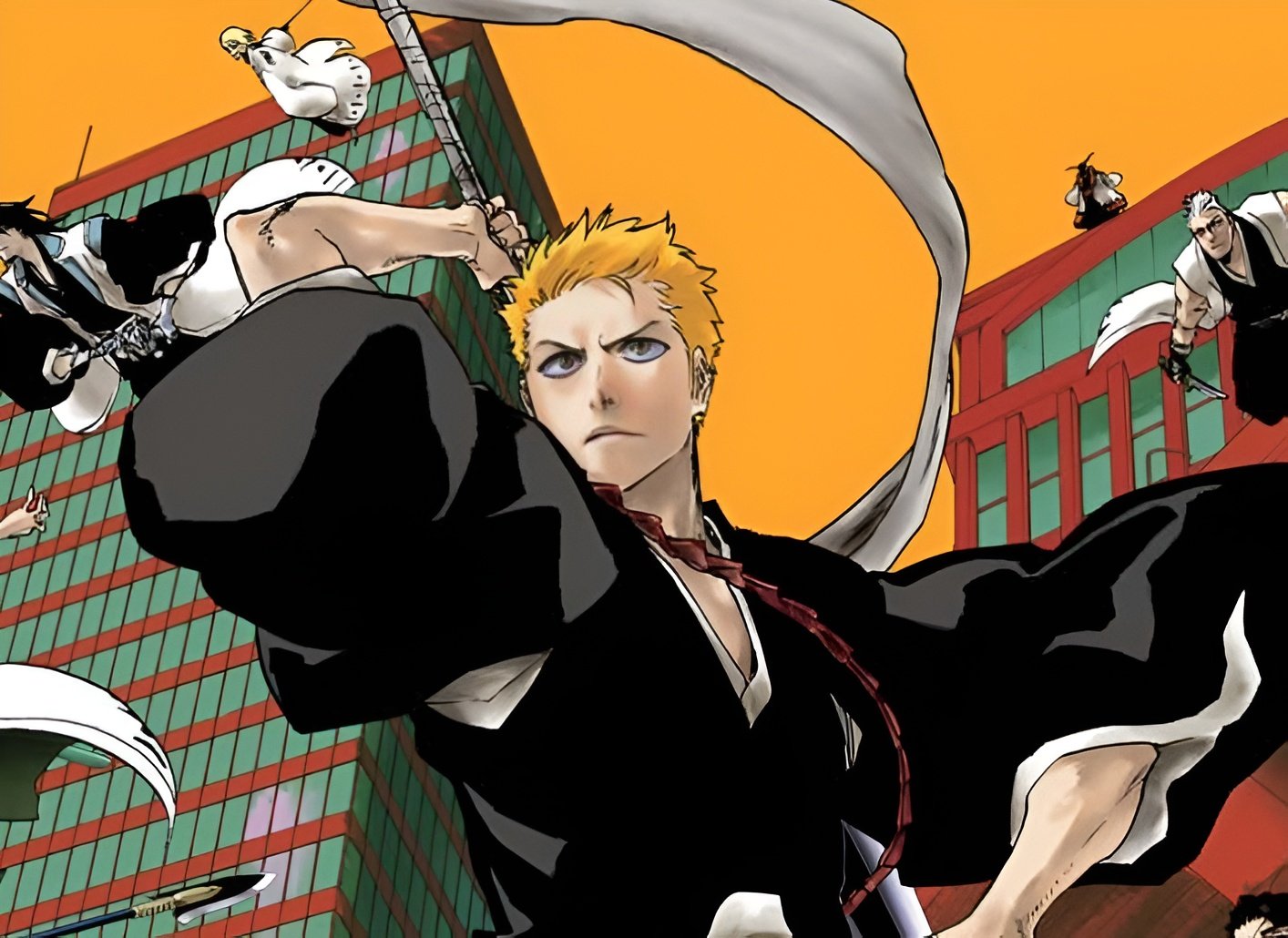 Ichigo Kurosaki wielding his zanpakutō amidst the Soul Society cast from the Bleach one-shot chapter.