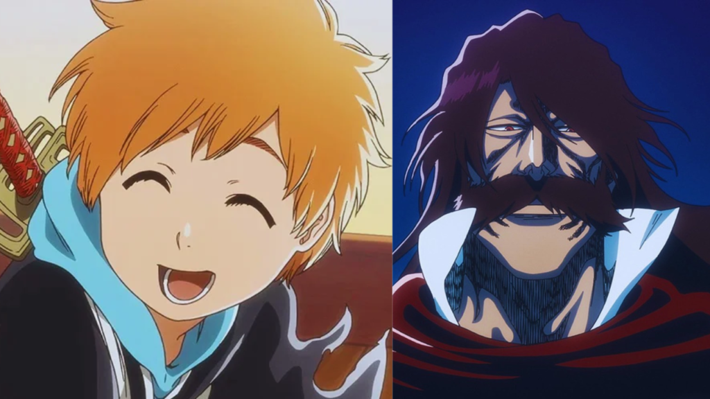 A striking side-by-side comparison featuring young Kazui Kurosaki and the formidable Quincy Emperor Yhwach from the climactic conclusion of Bleach: Thousand-Year Blood War.