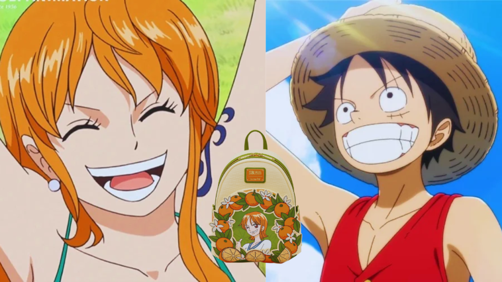 Split graphic featuring Nami smiling on the left, Monkey D. Luffy grinning on the right, and a Nami-themed orange mini-backpack centered between them.