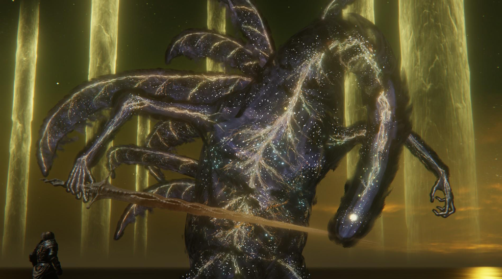 The Elden Beast, a massive celestial creature with glowing golden markings, appears in the otherworldly final boss encounter of Elden Ring.