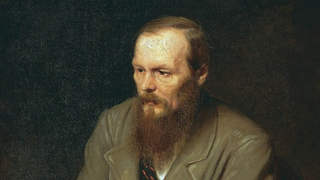 Vasily Perov’s 1872 portrait of Fyodor Dostoevsky, author of Crime and Punishment, seated with his hands clasped