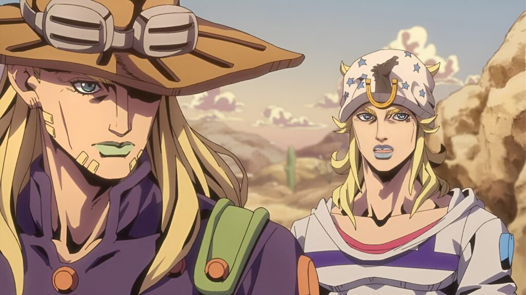 Gyro Zeppeli and Johnny Joestar traveling together through the desert in JoJo's Bizarre Adventure Steel Ball Run