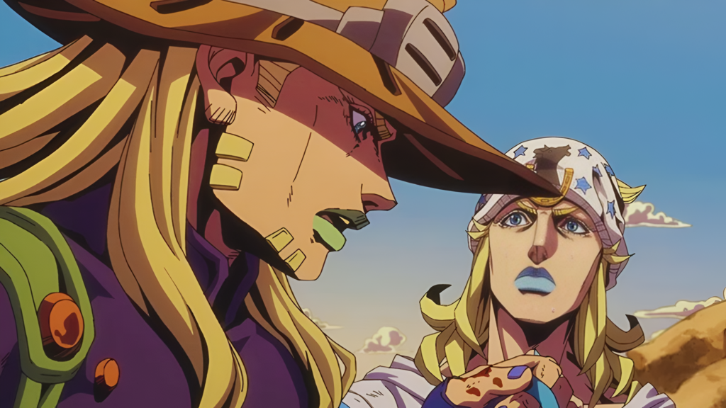 Gyro Zeppeli talking to a tense Johnny Joestar in JoJo's Bizarre Adventure Steel Ball Run