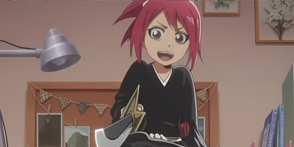 Ichika Abarai in the Bleach anime finale, smiling in a Soul Reaper uniform and holding her sword.