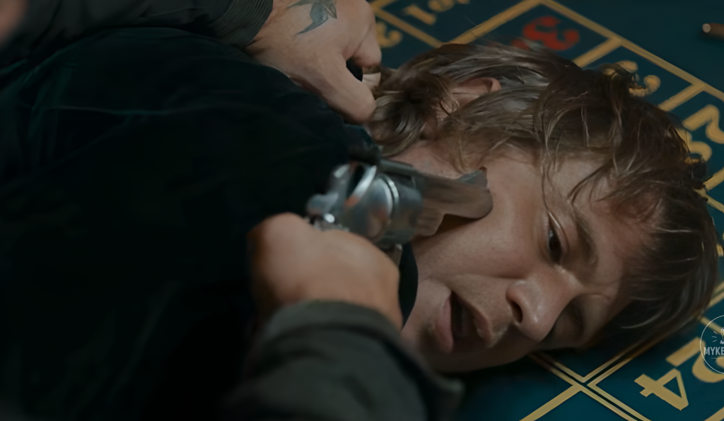 Johnny Flynn as Frankie Cooper pinned down by Harry in MobLand Season 2 Episode 7