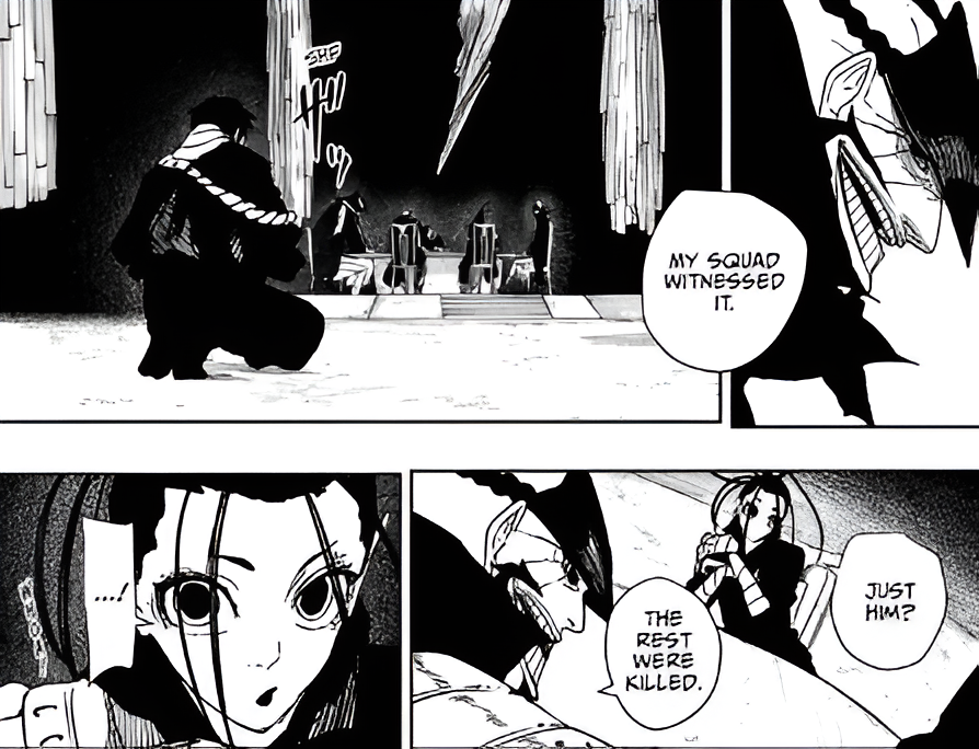 A lone survivor reports to the Mikaboshi guardians in Kagurabachi Chapter 136. 
