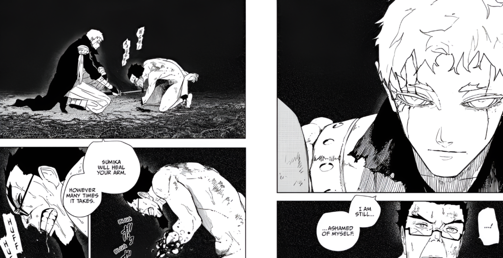 Shurin talks with a captive agent in Kagurabachi Chapter 136. 
