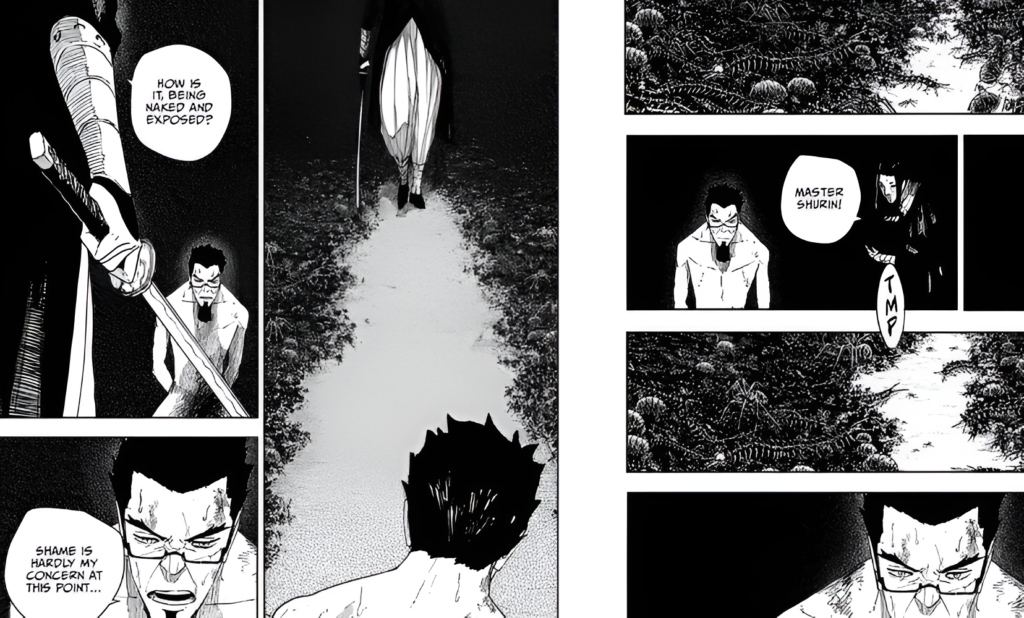 Shurin confronts the captive agent in Kagurabachi Chapter 136. 