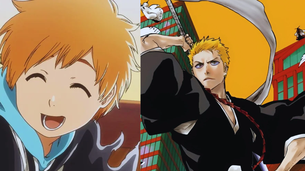 Young Kazui Kurosaki alongside his father, adult Ichigo Kurosaki, in the Bleach universe.