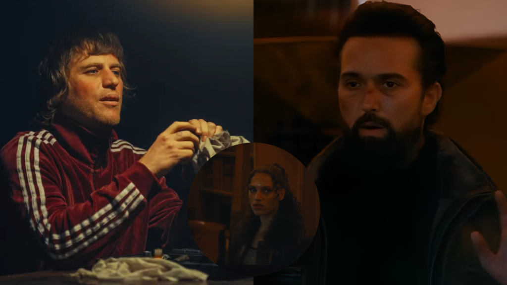 Emmett J. Scanlan as Paul O'Donnell, Johnny Flynn as Frankie Cooper, and Ainy Medina as Sicily in MobLand Season 2 Episode 7