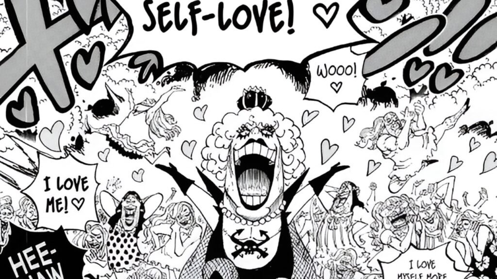 Emporio Ivankov shouting "SELF-LOVE!" surrounded by celebrating Newkamas on Momoiro Island in a One Piece Chapter 1196.