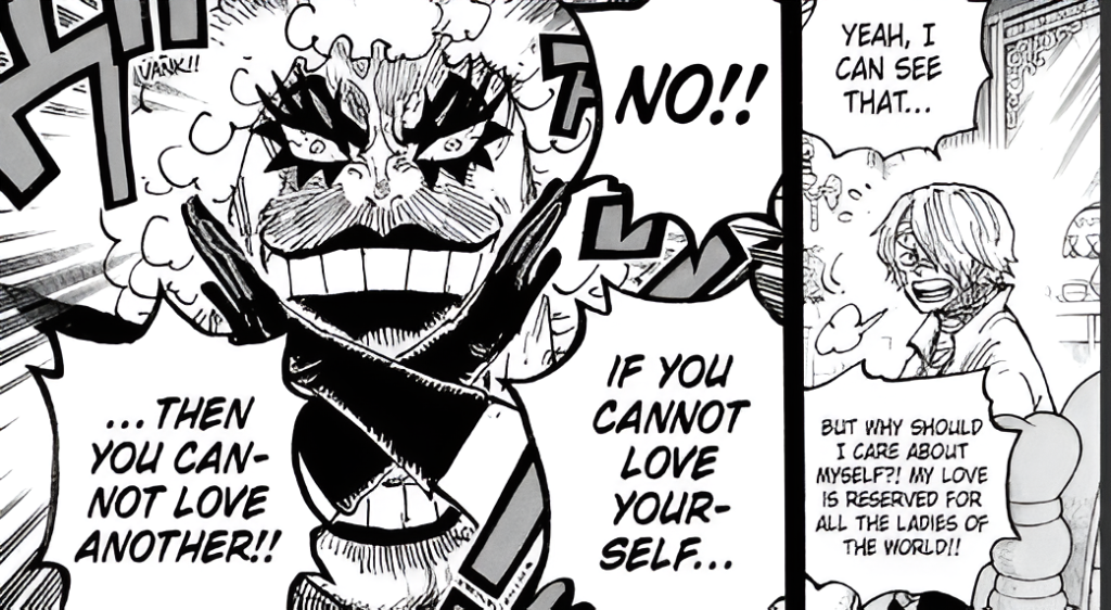 Emporio Ivankov delivering his quote about self-love and loving others in a One Piece Chapter 1196