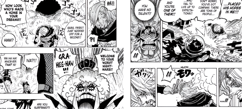 Sanji facing a nightmare illusion of Judge Vinsmoke before Emporio Ivankov interrupts his dreams shouting "GRA-HEE-HAW" in One Piece Chappter 1196