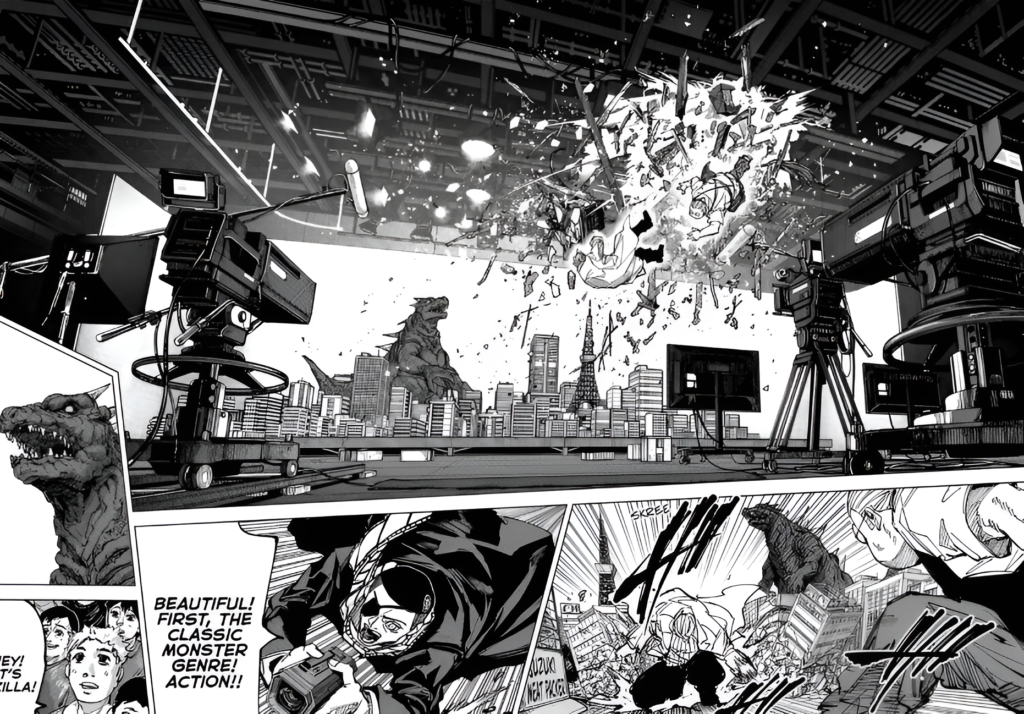Sakamoto and Uzuki crashing through a movie studio ceiling onto a miniature monster city set filmed by Kanaguri in Sakamoto Days chapter 279
