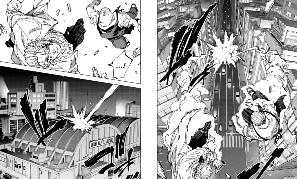 Taro Sakamoto and Kei Uzuki clashing mid-air above city streets and crashing through the roof of Shuei Movie Studio in Sakamoto Days Chapter 279