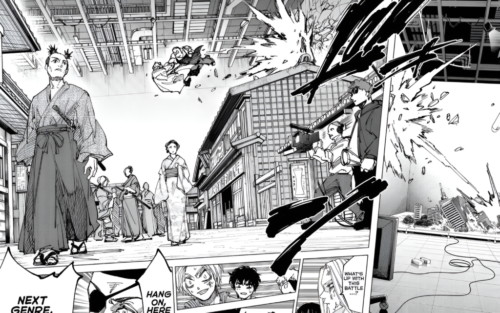 Sakamoto and Uzuki crashing into a feudal samurai movie set while film extras watch in Sakamoto Days Chapter 279