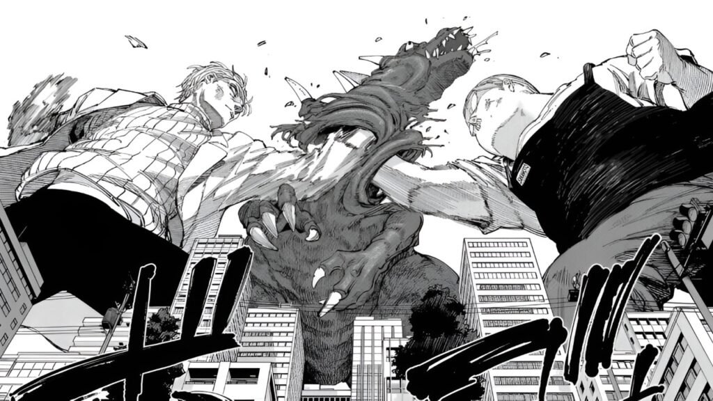 Taro Sakamoto and Gaku delivering synchronized punches through a giant kaiju monster above a city skyline in Sakamoto Days chapter 279.