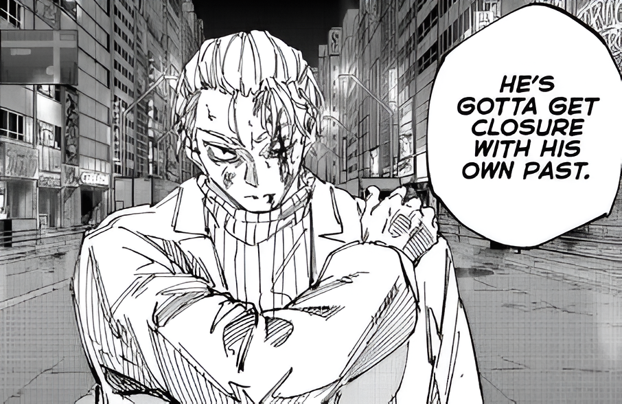 A bruised and battered Shishiba holding his injured arm and stating that Sakamoto needs closure with his past in Sakamoto Days Chapter 279
