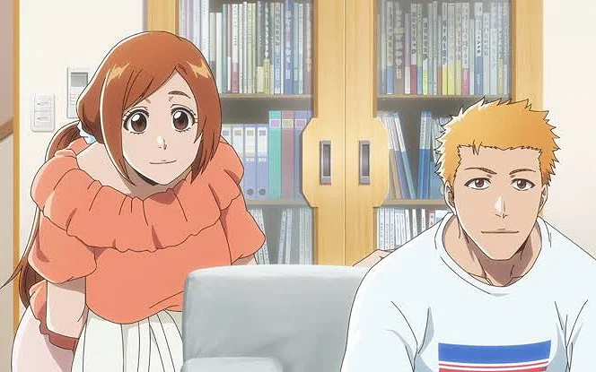 An intimate domestic moment featuring adult Ichigo Kurosaki and Orihime Inoue together at home in the Bleach: Thousand Year Blood War